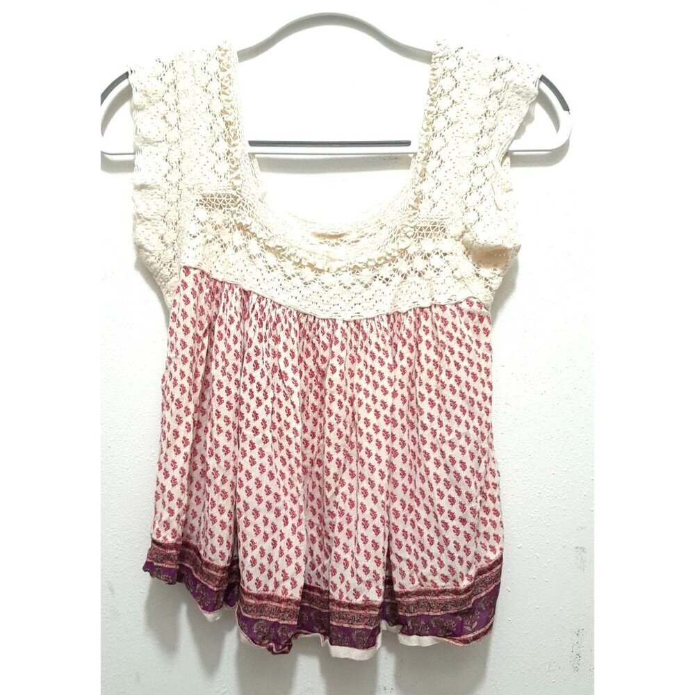 Lace Bodice Floral Ribbon Accent Babydoll Top Red & Cream Size S